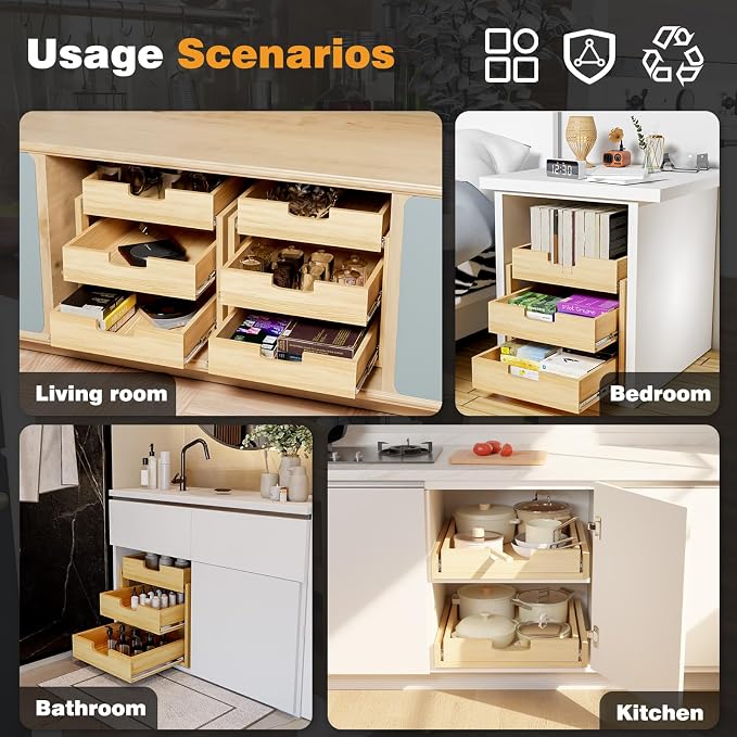Pull Out Cabinet Organizer, 14''W×21''D Sliding Drawers for Cabinets, Soft Close Slide Out Wooden Pull out Drawers, Base Cabinet Organization for Kitchen, Pantry, Bathroom