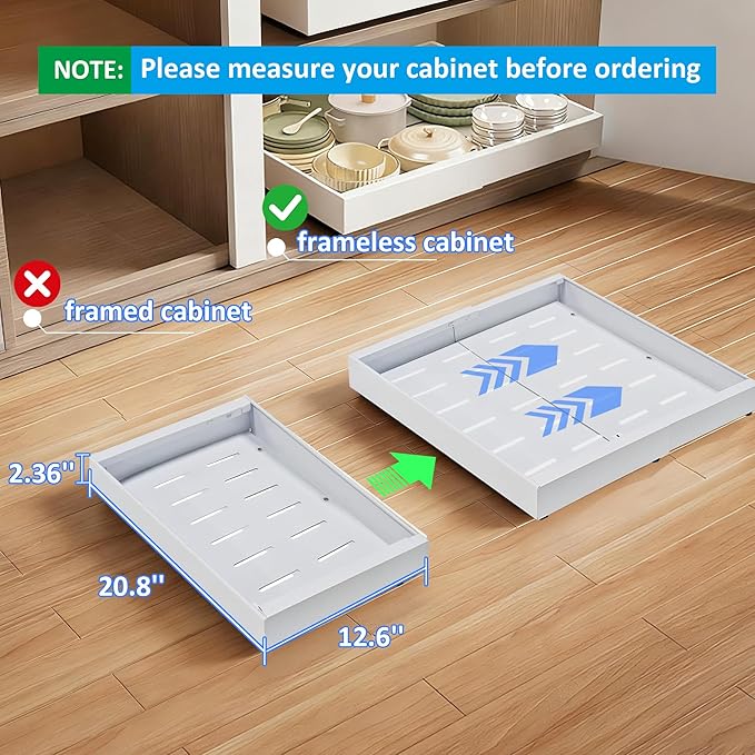 2 Pack Pull Out Cabinet Organizer Expandable Width (12.2"-20.4") x 21'' Deep, No Drill Adhesive Drawer, Heavy Duty Roll Out Shelves Drawers Adjustable White