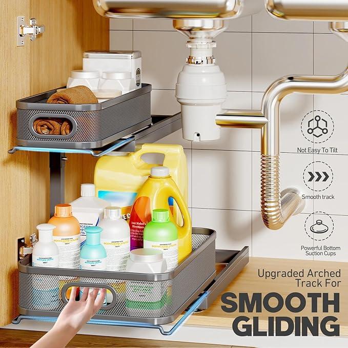 1 Pack-14.5"-15"IN Under Sink Organizers And Storage Height Adjustable,Mesh Under Cabinet Organizer For Kitchen,Bathroom-Gray
