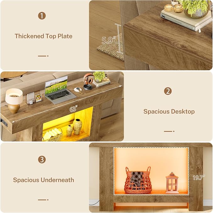 63" Long Console Table, Entryway Table with Charging Station and Adjustable LED Light, 2-Tier Sofa Table, Behind The Couch Table, Farmhouse Narrow Console Tables for Entryway, Living Room, Hallway
