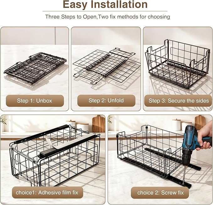 Pull Out Cabinet Sliding Basket Organizer, Heavy Duty Slide Out Drawer for Kitchen Cabinet, No Drill Adhesive Sliding Shelves for Kitchen Bathroom Home, 13.8" D x 8.5" W x 6.3" H,Black-2 Pack