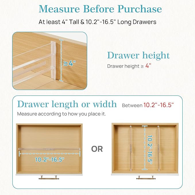 Vtopmart 8 Pack Drawer Dividers for Clothes, 4" High 10.2"-16.5" Adjustable Expandable Dresser Drawer Organizer, Clear Plastic Separators for Dresser, Baby Clothing, Underwear, Cosmetic, Toiletries