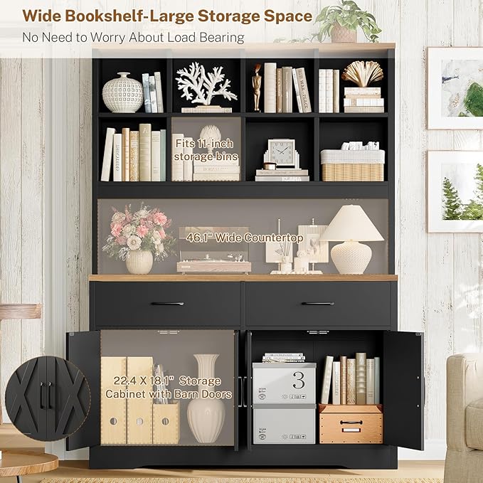 TEENFON Bookshelf and Bookcase, 5 Tier Floor Standing Bookshelves, Large Bookcases with Drawers and Storage Cabinet, 8 Open Storage Shelves and Printer Stand for Study, Living Room, Office