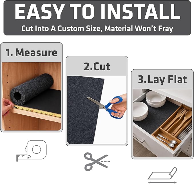 Drymate Premium Luxury Shelf & Drawer Liner, Thick Cushioned Fabric, Non-Adhesive, Absorbent, Waterproof, Slip-Resistant, Liners for Kitchen Cabinets, Cupboards (USA Made)(12”x59”)(24-Pack)(Charcoal)