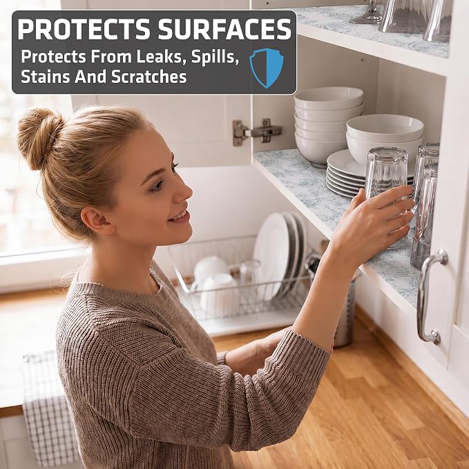 Drymate Premium Luxury Shelf & Drawer Liner, Thick Cushioned Fabric, Non-Adhesive, Absorbent, Waterproof, Slip-Resistant, Liners for Kitchen Cabinets, Cupboards (USA Made)(12”x59”)(2-Pack)(Light Blue)