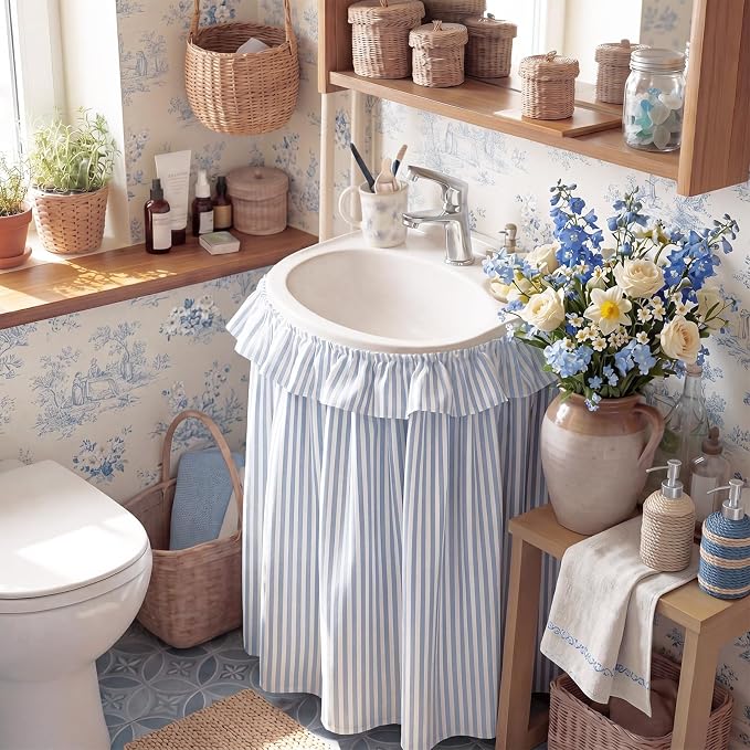 Blue Ruffle Gingham Sink Skirt Self-Adhesive Bathroom Stitch Self Stick Adhesive Fabric Under Sink Curtain Skirt 32'' x 55'' for Bathroom Kitchen Laundry Utility Room Decor(Stripe)