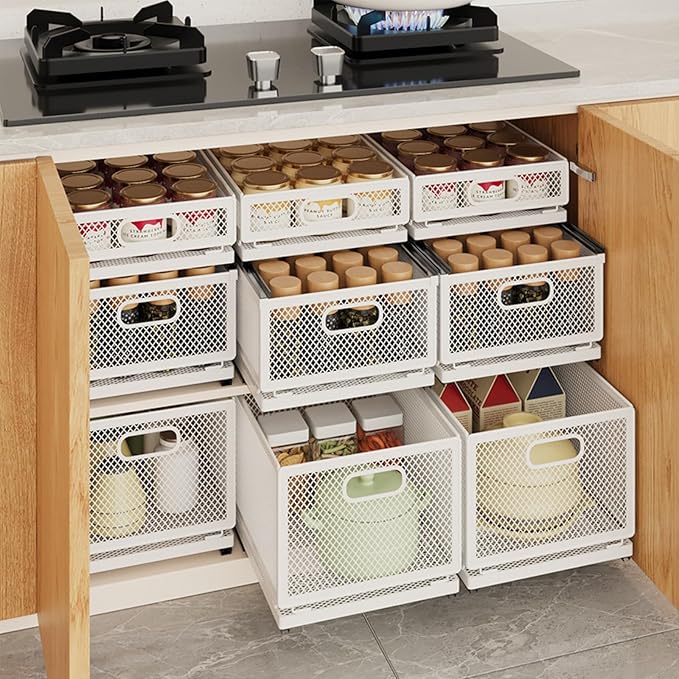 Pull Out Cabinet Organizer, Slide Out Drawers Fixed with Adhesive Nano Film, Pantry Shelves Sliding Drawer Storage Organization for Kitchen (Double Layer 11.8 * 9.4 * 10inch/30 * 24 * 25.5cm)