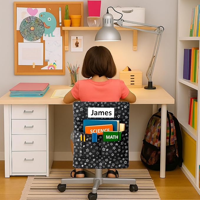 25 PCS Chair Pockets for Classroom Chairs, 15"W x 19"H Seat Sacks with 5 Pockets, Durable 600D Oxford Student Chair Bag Organizer with Name Tag Slot for K-5 Kindergarten School, Black