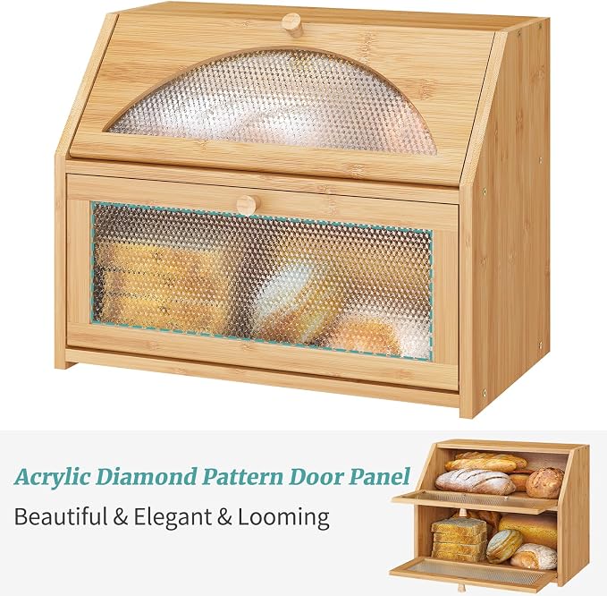 Bread Box, Bamboo Wood Bread Box for Kitchen Counter, Double-layer Bread Storage Bin, Acrylic glass with Diamond Patterns (Natural, Large)