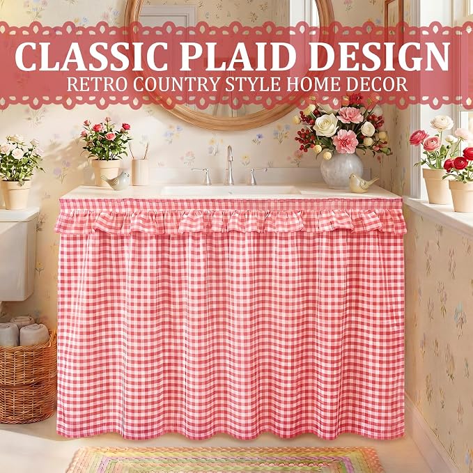 Pink Ruffle Gingham Sink Skirt Self-Adhesive Bathroom Stitch Self Stick Adhesive Fabric Under Sink Curtain Skirt 55'' x 32'' for Bathroom Kitchen Laundry Utility Room Decor