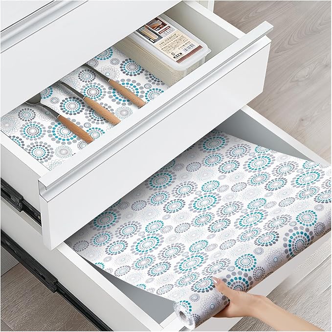 Drawer and Shelf Liner, Non-Slip Kitchen Cabinet Liners Non-Adhesive Thick Strong Grip Waterproof Washable Mats Protect Dresser Shelves Cupboard Bathroom Cabinets, Spiral, 12 in X 10 FT