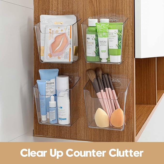 Clear Inside Cabinet Door Organizer, 6 Pack Plastic Wall Storage Bin Adhesive, Vertical Versatile Caddy Makeup Brush Pen Holder for Small Spaces in Bathroom, Office, Kid's Room Organization, No-Drill