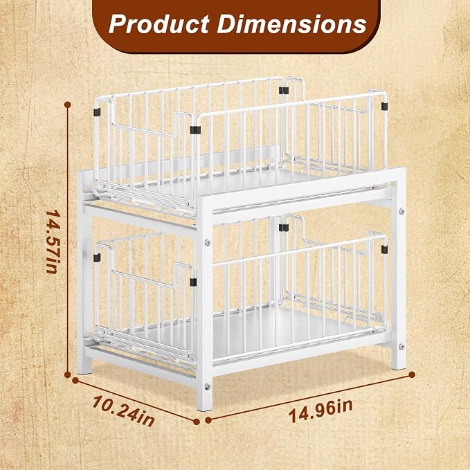 Romorgniz 1 Pack Pull-Out Storage Organizers, 2-Tier Sliding Under Sink Organizers For Kitchen and Bathroom, Metal Shelf Cabinet Organziers, White
