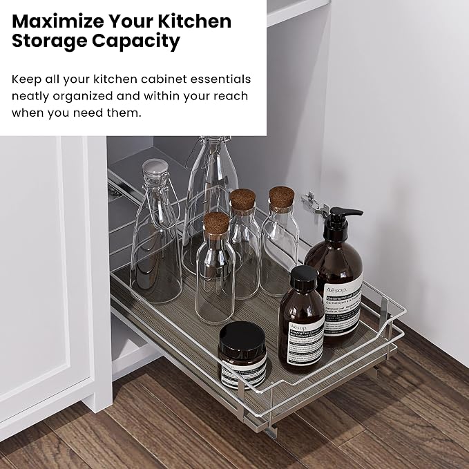 Home Zone Living Pull Out Kitchen Cabinet Organizer with Slide Out Drawer for Space Saving Storage, 14”W x 21”L, Satin Nickel Light Brown Wood Finish