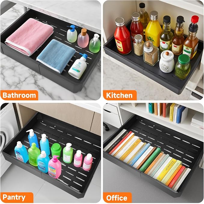 Pull out Cabinet Organizer,Adjustable Width (14"-19") and Depth (17"-24") Expandable,No Drill Slide out Drawers for Kitchen,Pantry,Adhesive Roll out Shelves,for Cabinets Without Lip (black)