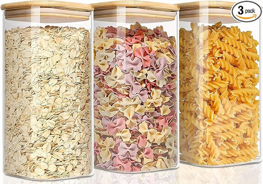 VIEWELLD 1.6 Qt Square Glass Storage Containers with Lids, Clear Food Storage Container Jar with Sealing Bamboo Lid for Noodles Flour Cereal Rice Sugar Tea Coffee Beans,Square Set of 3