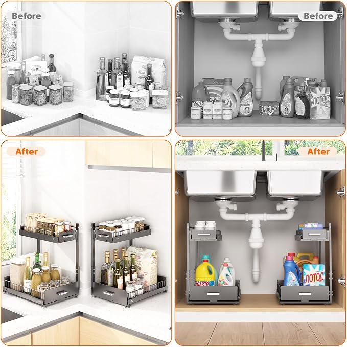 Under Sink Organizer, 2 Tier Slide Out Cabinet Organizer with Pulley, Height Adjustable Pull Out Shelf for Kitchen, Bathroom, Laundry and Utility Storage, Gray, 1 Pack