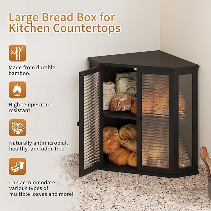 Extra Large Corner Bread Box for Kitchen Countertop, 16.5 Inch Charred Pine 2-Tier Breadbox with Glass Wavy Door Panel, Vintage Farmhouse Style Wood Design (balck)