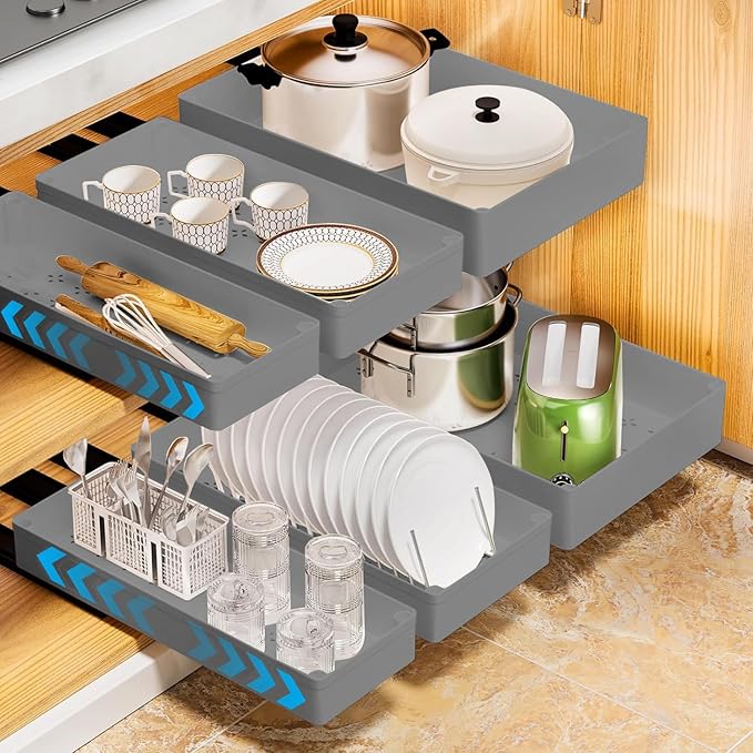 CuisinSmart Expandable Pull Out Cabinet Organizer, 15.75'' Deep Pull Out Drawers for Cabinet, Roll Out Drawer Adjustable Adhesive No Drill Screw Slide Out Drawers for Kitchen Gray S