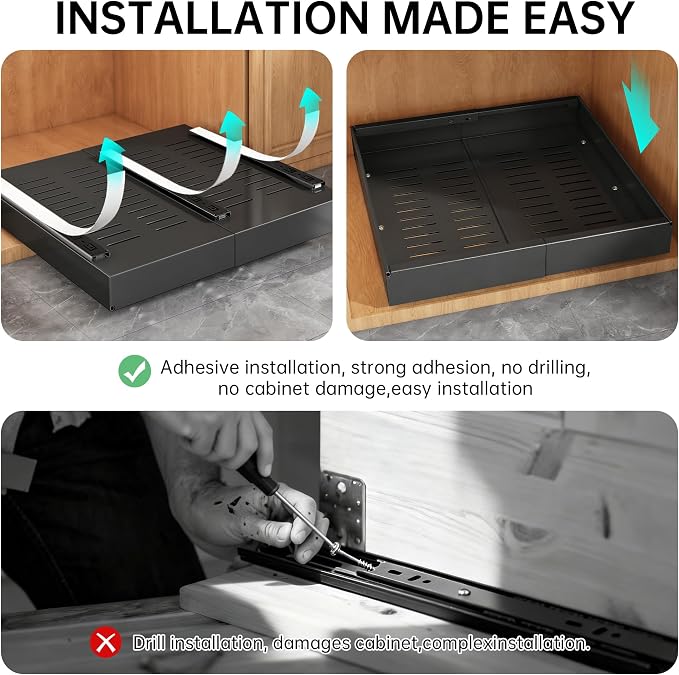 Pull out Cabinet Organizer, 2 pack, 20.5" Deep Heavy Slide out Drawers, Upgrade Three Triple-Slide Rail Systems, Expandable 12.8"-20.8" Roll out Shelf Storage for Kitchen Base Cabinet Organization