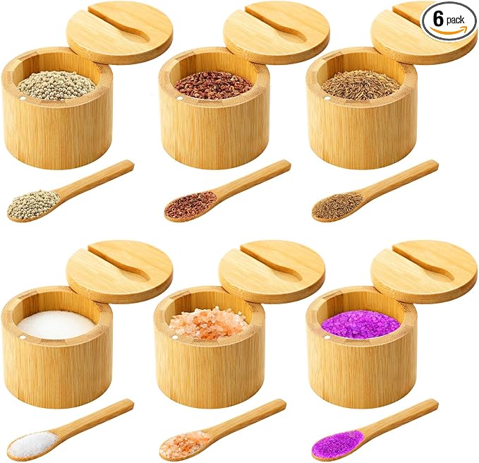 Honeydak 6 PCS 6oz Bamboo Salt Cellar Salt Container with Magnetic Swivel Lid & Spoon Bamboo Storage Box Bowl Elegant Kitchen Holder Saver Jar to Storage Pepper Spice Sea Sugar for Countertop