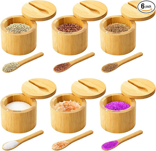 Honeydak 6 PCS 6oz Bamboo Salt Cellar Salt Container with Magnetic Swivel Lid & Spoon Bamboo Storage Box Bowl Elegant Kitchen Holder Saver Jar to Storage Pepper Spice Sea Sugar for Countertop