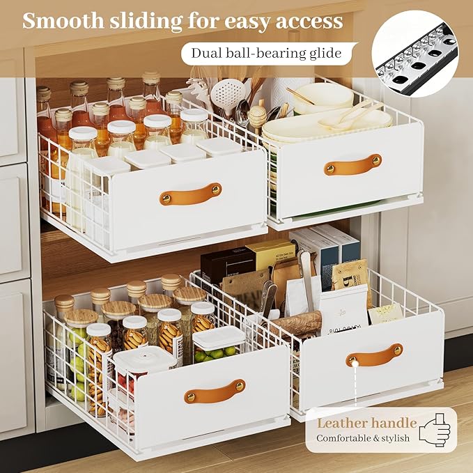 Pull Out Cabinet Organizer, No-Drill Pantry Drawers, Slide Out Shelves with Bamboo Risers for Lipped Cabinets,Ideal for Kitchen, Bathroom & Under Sink Storage (White, 11.8" Wide-15.7" Deep)