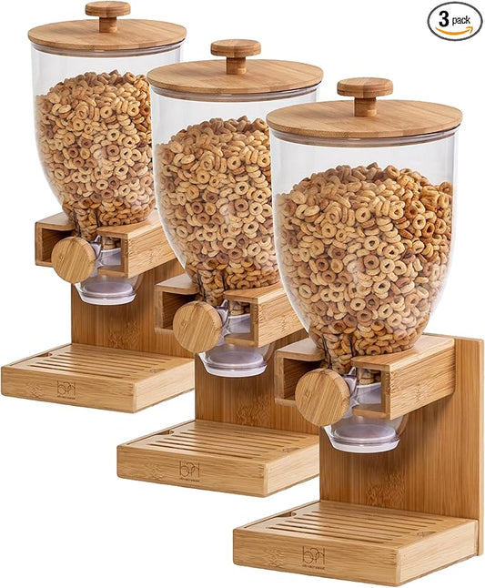 ZevrO Honey-Can-Do Bamboo Cereal Dispenser with Airtight Lid – Countertop Dry Food Dispenser for Kitchen Organization – Eco-Friendly Cereal Container for Pantry (Pack of 3)