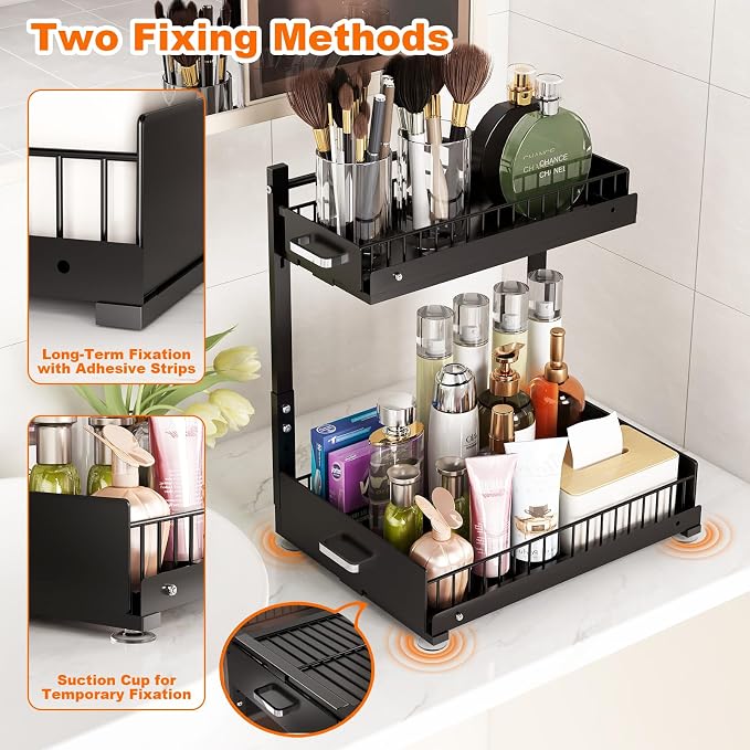 Under Sink Organizer, 2 Tier Slide Out Cabinet Organizer with Pulley, Height Adjustable Pull Out Shelf for Kitchen, Bathroom, Laundry and Utility Storage, Black, 1 Pack