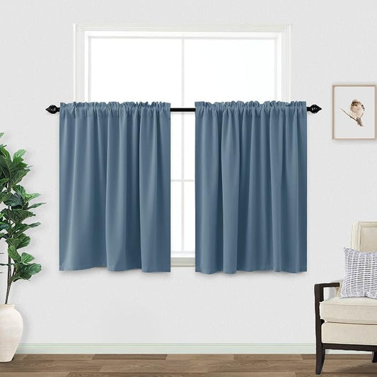 KOUFALL Dusty Blue Kitchen Curtains,Small Blackout Short Vintage Curtains for Bedroom,24 Inch Length,Stone Blue/Grey Blue