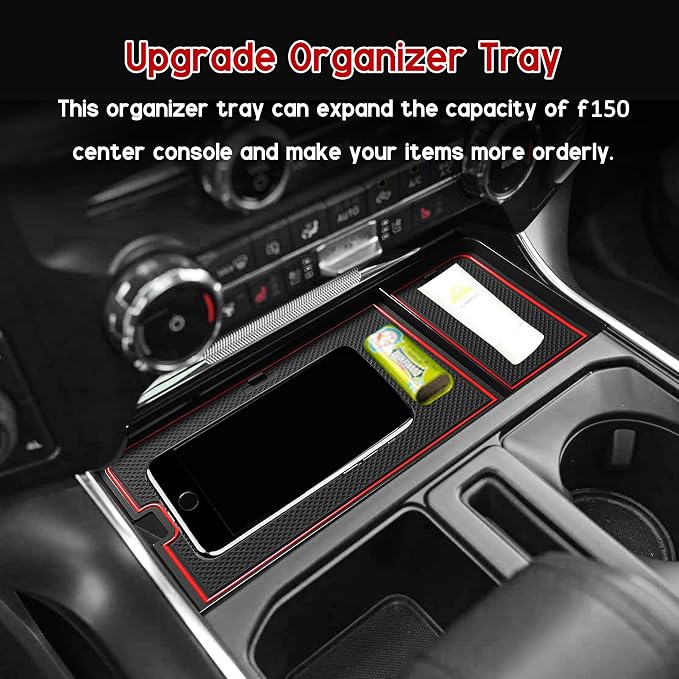 Center Console Organizer Tray for Ford F150 2021-2024/Lightning XLT 2022-2024 Interior Accessories Hidden Insert Storage Box with USB Hole Fit Front Shifter Open Pocket (Red)