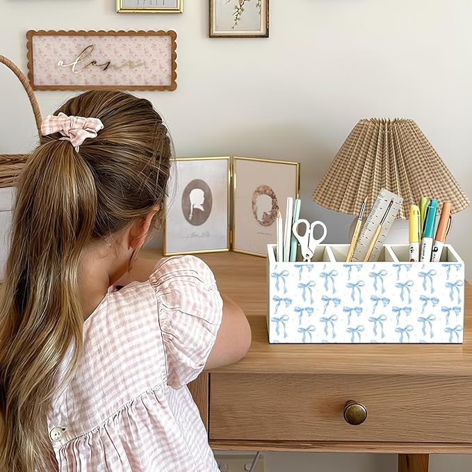 Blue Coquette Bow Pen Pencil Holder for Desk, Girly Office Decor, Preppy Blue Bow Aesthetic Wooden Box Sign Decorations for Girly Room Bedroom Dorm Office Desk Tabletop