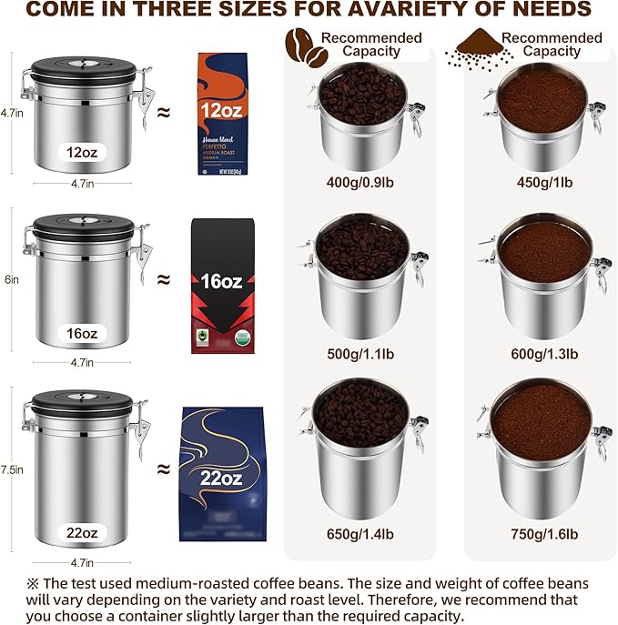 ShanSon Coffee Canister Airtight, Stainless Steel Bean Storage Container with Date Tracker & Scoop, Grounds Sugar Flour Tea Cereal Fits Kitchen Pantry, Ideal Gift for Coffee Lovers,16oz,Silver