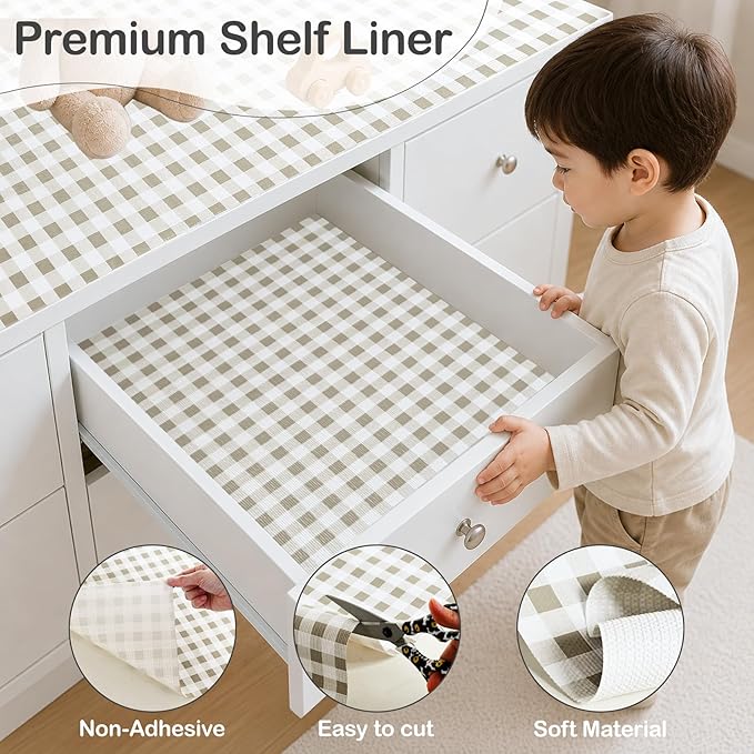 Green Gingham Drawer Liner, Non-Adhesive Shelf and Kitchen Cabinet Protector, 11.8IN x 20FT Non-Slip Strong Grip Waterproof Contact Paper, Smooth Surface Liners for Cabinets, Bathrooms, Cupboard