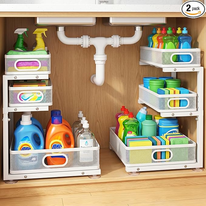 Under Sink Organizer, 3 Tier Pull Out Cabinet Organizer with 5 Adjustable Heights, Metal Under Sink Storage with Sliding Drawers for Kitchen, Bathroom, Pantry and Laundry Room, 2-Pack White