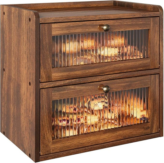 Alpeir Double Layer Large Bread Box for Kitchen Countertop, Retro Brown | Ventilation Hole, Longer Fresh, Natural Wood, Fit Homemade Bread & Baked, Extra Top Storage, Acrylic Window, Farmhouse Style