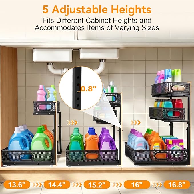 Under Sink Organizer for Bathroom, 3 Tier Adjustable Height Under Sink Storage, Sliding Pull Out Cabinet Organizer Shelf, Metal Multi-Purpose Cabinet Organizer for Kitchen (2 Pack, Black)
