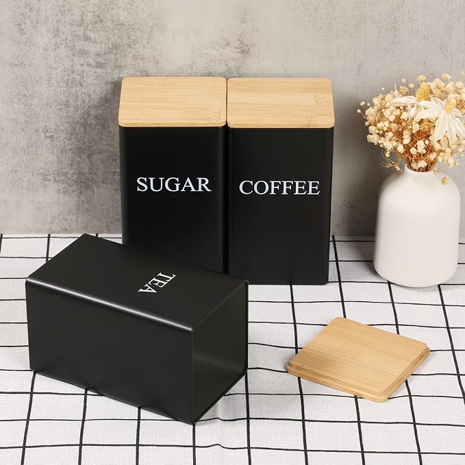 3 Pcs Coffee Tea Sugar Container Set, 1000 ML Metal Teas and Coffee Canisters Set with Bamboo Lids, Black Canisters Sets for Kitchen,Food Storage Container Jars for Kitchen Counter Storage (Black)