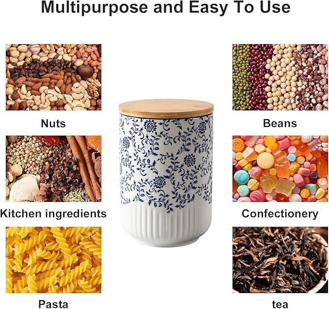 Canisters Sets for the Kitchen - 2 Pcs 36/18 oz Ceramic Kitchen Containers for Countertop with Airtight Wood Lids - Flour and Sugar Containers for Coffee Tea Spice Beans Cookie Jars - Blue