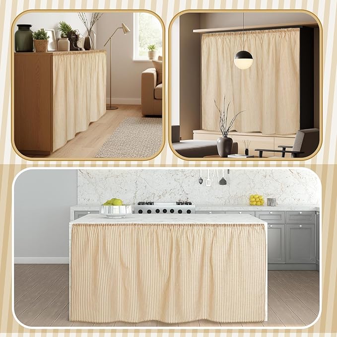VitalCozy Cabinet Curtains 28" W x 51" L Sink Skirt for Bathroom Kitchen Office Desk Brown Stripes Cabinet Curtains for Classroom Office Home Drape Under Desk Privacy Drape for Laundry Room