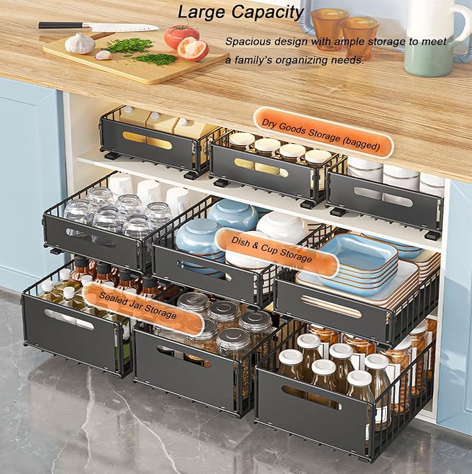 Pull Out Cabinet Organizers Large Capacity with Nano Adhesive Tallened Guardrail Anti Fall Design for Bathroom & Kitchen Cabinets Pantries (White, S-2Pcs)