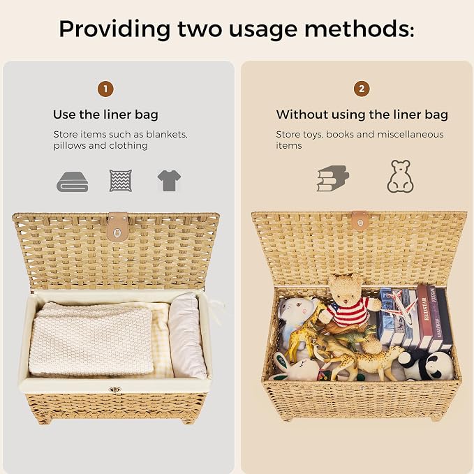 Honjourai Wicker Storage Basket with Lid,Rattan Shelf Basket with Removable Liner Bag,160L Storage Bin,Storage Trunk with Heightened Feet,Storage Container for Wardrobe,Home Organizer