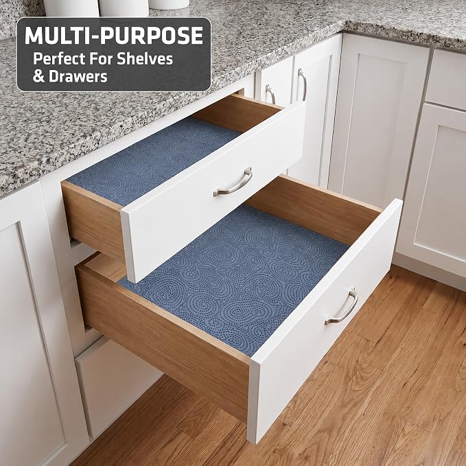 Drymate Premium Luxury Shelf & Drawer Liner, Thick Cushioned Fabric, Non-Adhesive, Absorbent, Waterproof, Slip-Resistant, Liners for Kitchen Cabinets, Cupboards (USA Made)(12”x59”)(2-Pack)(Blue)