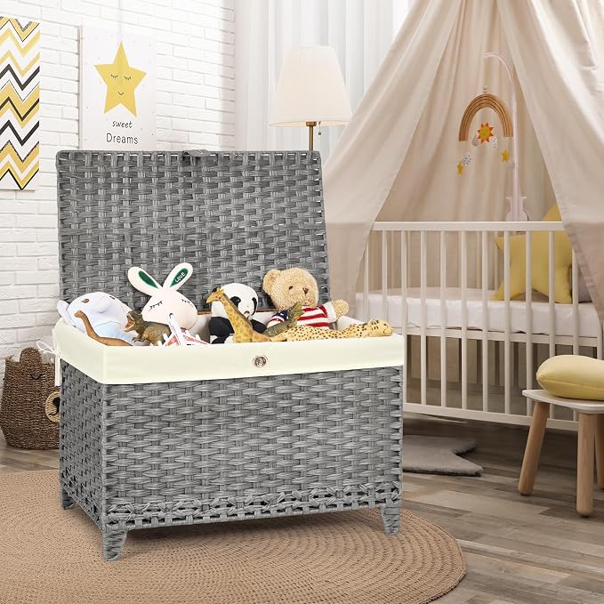 Honjourai Wicker Storage Basket with Lid,Rattan Shelf Basket with Removable Liner Bag,200L Storage Bin,Storage Trunk with Heightened Feet,Storage Container for Wardrobe,Home Organizer