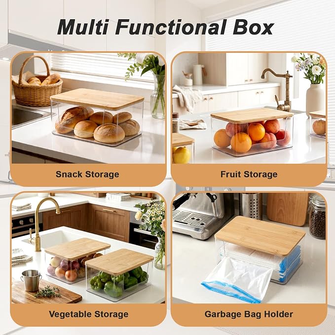 2 Pack Trash Bag Holder, Stackable Garbage Bag Dispenser with Bamboo Lid – Clear Plastic Organizer, Space-Saving Under Sink Storage for Kitchen, Laundry Room, Pantry & Cabinet