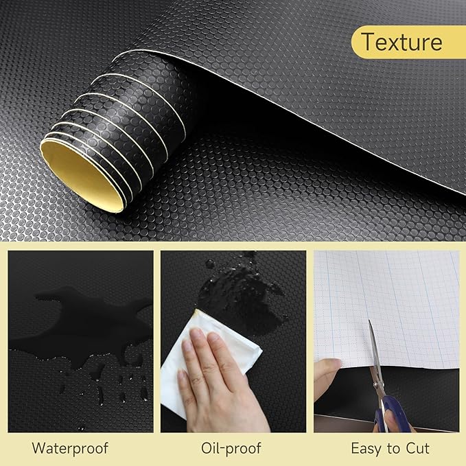 WochiTV Adhesive Shelf Liner 17.5 X 240 Inches Peel and Stick Kitchen Liner for Cabinets, Drawers Removable Protector Mat Waterproof Contact Covering for Dresser Pantry Countertops Shelves, Black