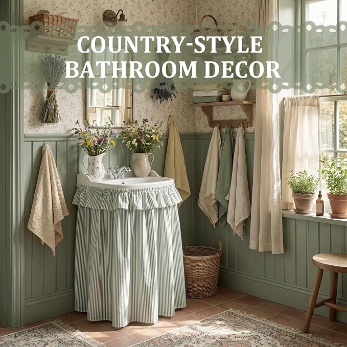 Green Ruffle Gingham Sink Skirt Self-Adhesive Bathroom Stitch Self Stick Adhesive Fabric Under Sink Curtain Skirt 32 x 55 in for Bathroom Kitchen Laundry Utility Room Decor(Stripe)