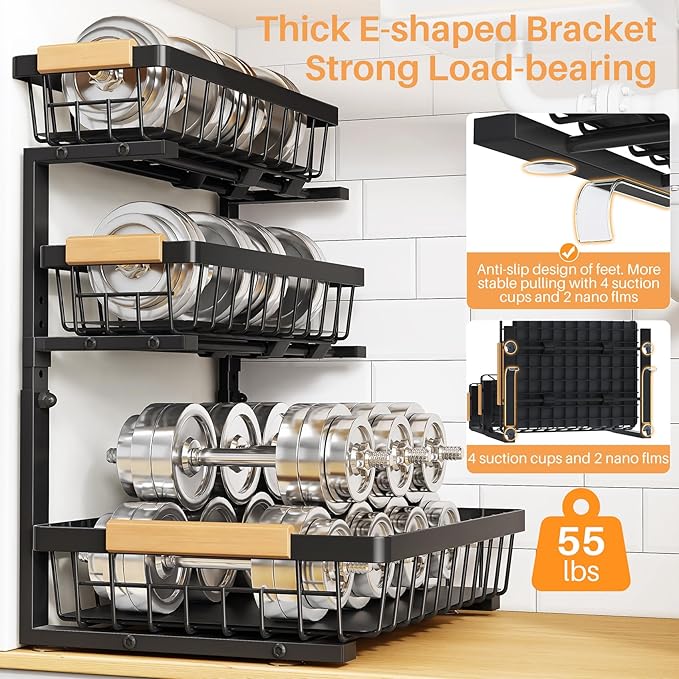 PXRACK Under Sink Organizer, 1-Pack 3-Tier Height Adjustable Thickened Metal Pull out Cabinet Organizer Shelf, Slide out Storage Drawer Rack for Bathroom Kitchen Pantry Home Organization, Black