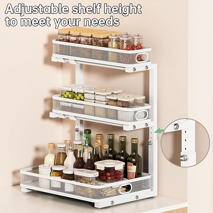Under Sink Organizer, White, 3-Tier, 2 Pack | Height Adjustable, Thickened Metal, Pull Out Cabinet Organizer Shelf, Space-Saving Slide Out Storage Drawer Rack