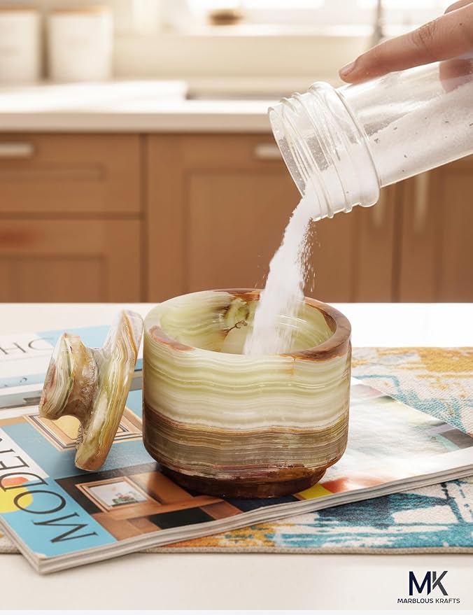 MARBLOUS KRAFTS Marble Salt Cellar with Lid & Spoon 3" Green Onyx Seasoning Container, Spice Holder, and Salt Bowl for Countertop, Perfect for Kitchen Storage, Sugar Jar, and Gift for Her